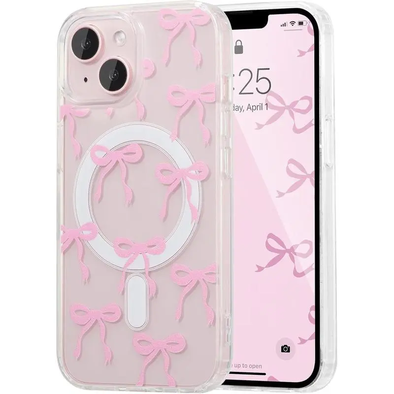 Magnetic for iPhone 17 16 15 14 13 12 11 Case, Bow Case Compatible with MagSafe, Wireless Slim Clear Ribbon Phone Cover Anti-Yellowing Shockproof Protective Cover for Women Girl - Pink.QXG339