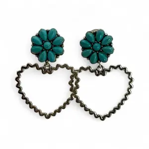 Turquoise Howlite Flower Earrings with Silver Zigzag Heart Dangles – Handmade Statement Jewelry
