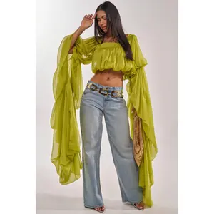 SLOUCHY SQUARE NECK LONG SLEEVE BLOUSE TOP IN CHARTREUSE
