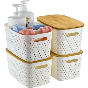 Plastic Storage Bins with Bamboo Lids 4 Packs Pantry Organization and Storage Containers Storage Baskets: Stackable Storage Bins for Shelves Drawers Closet Office 11.9 x 7.7 x 6.3 inch