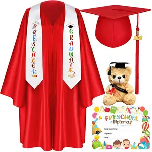Kindergarten Graduation Gown Cap With Little Bear Gift, Kindergarten Graduation Cap and Gown Set, 2026 Congrats Grad Outfit with Tassel & Certificate for Kindergarten, Kindergarten Graduation Cap and Gown Set (Red)
