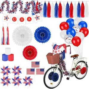 44 Pcs Patriotic Parade Bike Decorations Set, Independence Day Patriotic Bicycle Decor Kitwith Balloons Banners Tassels Fans Flags Pinwheels for 4th of July Parade