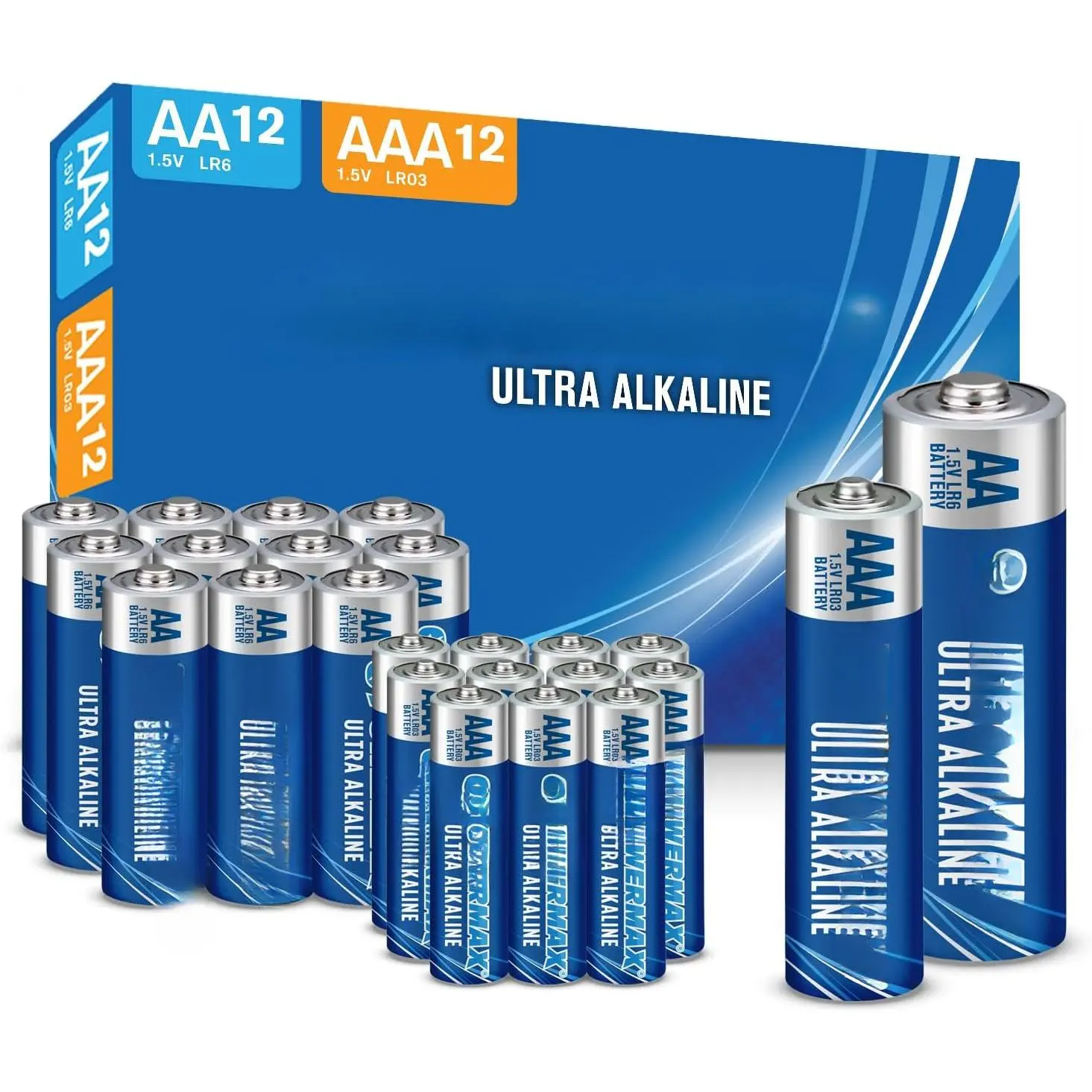 24-Pack AA & AAA Batteries Combo (12 Each) - Ultra Alkaline 1.5V with 10-Year Shelf Life, Long-Lasting for Digital & Electronic Devices in Reclosable Packaging, Remote, Wireless, 1.5 Volts