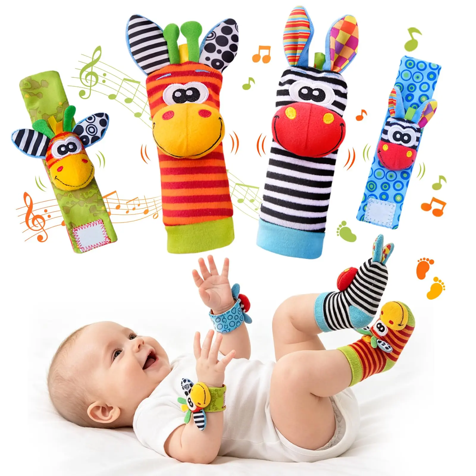 Baby Sensory Rattle Socks & Wrist Finders Set - Soft, 0-12 Months Newborn Infant Toys, Boy Girl Baby Shower Gifts, Animals, Development, Foot Finder Socks