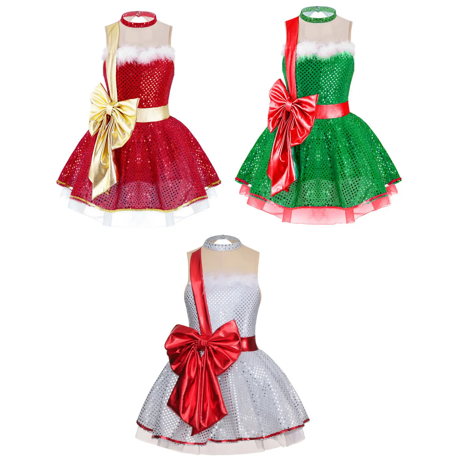 easyforever Girls' Sequin Christmas Party Ice Skating Dance Tutu Dress Leotard, Kids' Santa Claus Costume, Sequins, Dancewear, Performance, Polyester Mix, Buttons, Sleeveless Shirt, Nylon, Polyester Blend, Metallic, Press Button