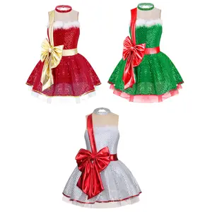 easyforever Girls Christmas Party Figure Ice Skating Dance Tutu Dress Leotard Kids Santa Claus Costume