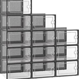 24-Pack Clear Stackable Shoe Storage Boxes – Fits US Size 11/12, Durable Plastic Organizers with Ventilation, Black/White Options