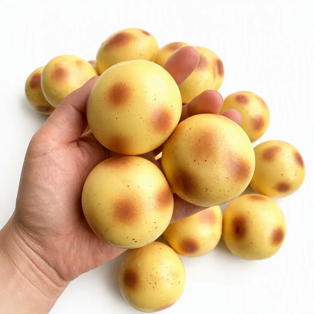 Handmade potato-chunk-shaped balls they offer a satisfyingly crisp tactile feel filled with sequinsand petals; and afun play experience.