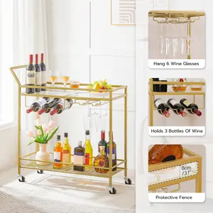 HOOBRO 2-Tier Kitchen Cart with Wine Rack & Glass Holder Portable Stainless Steel Storage Cart for Home Dining Living Room Party Bar Gold Modern Bottles Utensils