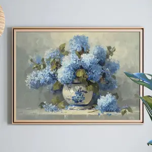 Blue Hydrangea Vintage Painting Poster or Canvas Print, Floral Neutral Spring Wall Art,Cottagecore Wall Decor | Framless Poster 1
