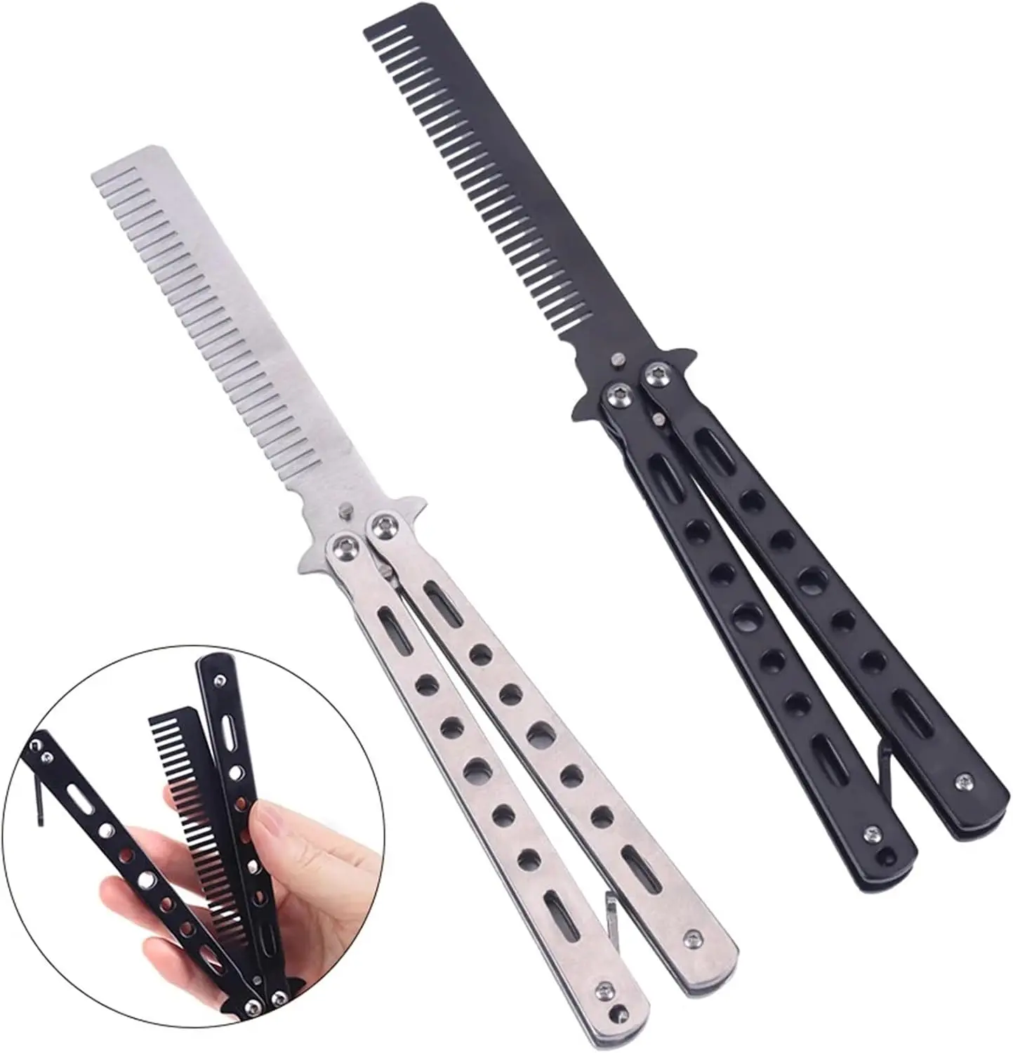 2-Piece Anti-Static Stainless Steel Folding Combs with Foldable Handle, Hair Styling Tools for Sport, Outdoor Use (Black, Silver)