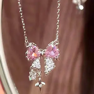 Pink Bow Necklace with Sparkling Rhinestone Star - Elegant Fashion Accessory necklace woman fashion jewelry