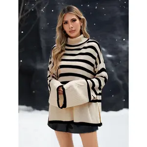 Libsorge Womens Oversized Cute Turtleneck Striped Long Sweater Fall 2024 Lightweight Ribbed Knit Side Slit Pullover Tops