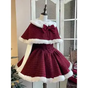 Christmas Red Vintage Suits Women Casual Cloak Coast + Sleeveless Mini Dress Faux Fur 3 Piece Dress Sets Evening Party Outfits Can be used with raincoat
