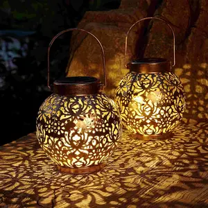 Set of 2 Bronze Outdoor Hanging Solar Lanterns Decorative Lights for Garden Patio Porch Decorations