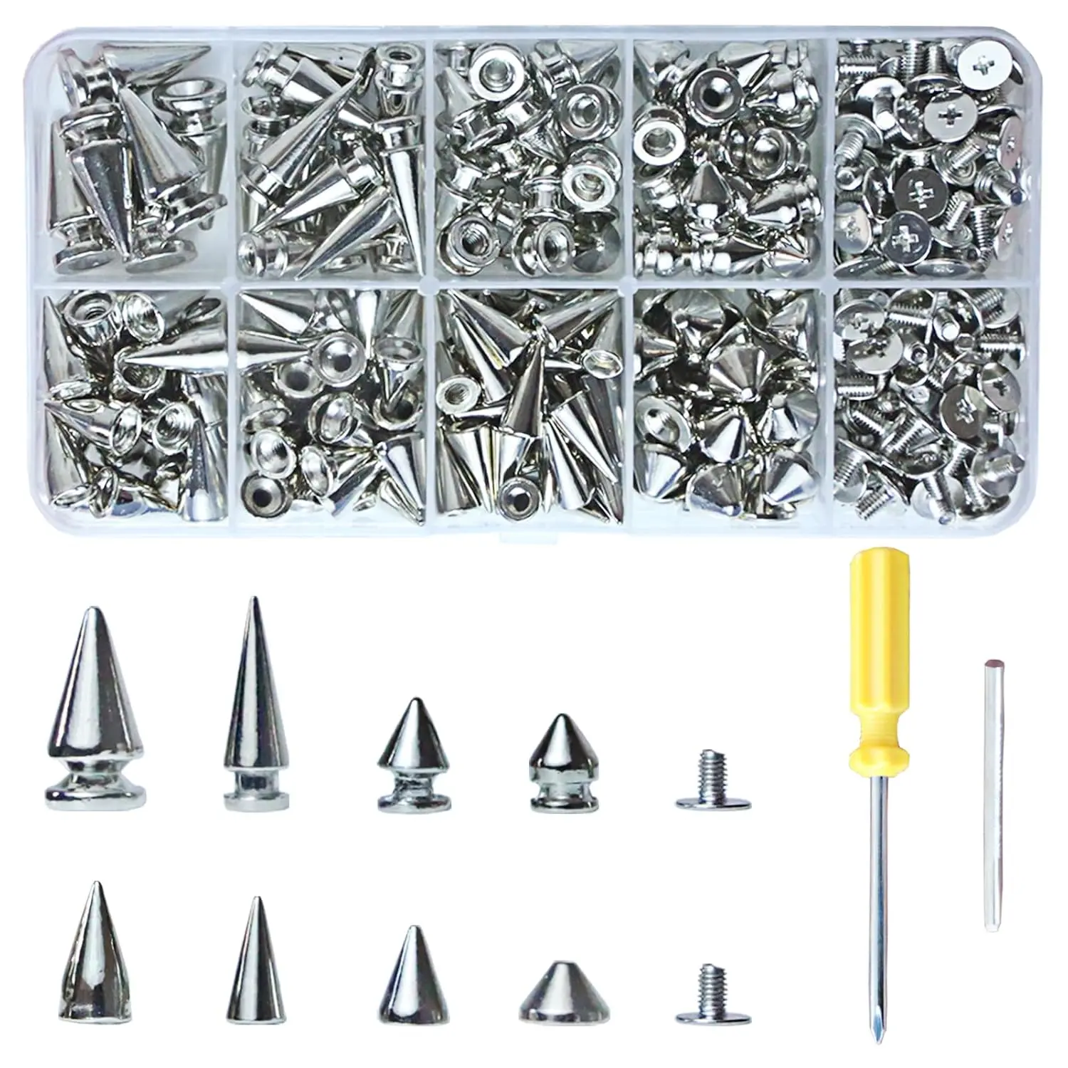 354-Set 8-Size Metal Cone & Tree Spikes Leathercraft Accessory Kit, Craft Supplies with Studs - for Punk Style Clothing, DIY Craft Decoration