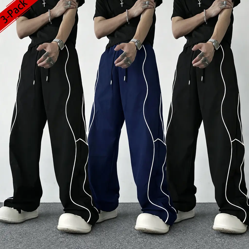 Men's 3-Pack Unisex Casual Pants, Baggy Wide-Leg Sweatpants, Lightweight Running Pants with Wavy Line Rhinestone Embellishment, Elastic Drawstring Waistband, Skin-Friendly Fabric, Versatile Style, Baggy Sweatpants, Men's Baggy Sweatpants