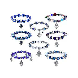 2025 New Hot-Selling Evil Eye Bracelet with Fatima's Hand & Devil's Eye Symbol Blue Silver Beads Mysterious Charm Bracelet for Everyday Wear