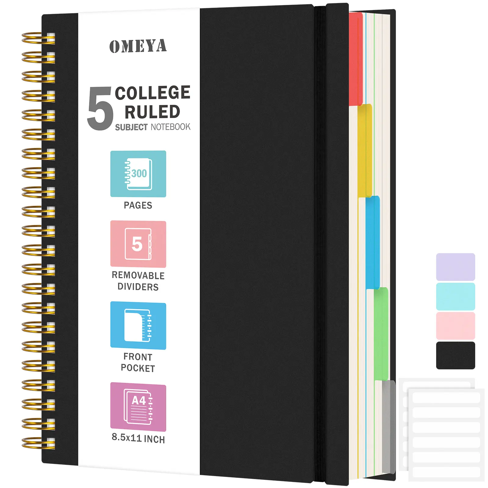 OMEYA 5 Subject Spiral Notebook, A4/A5 College Ruled Notebook with 5 Removable Dividers & 12 Labels, 300 Pages, 100 GSM Thick Paper, Waterproof Cover for School, Class Notes & Note Taking