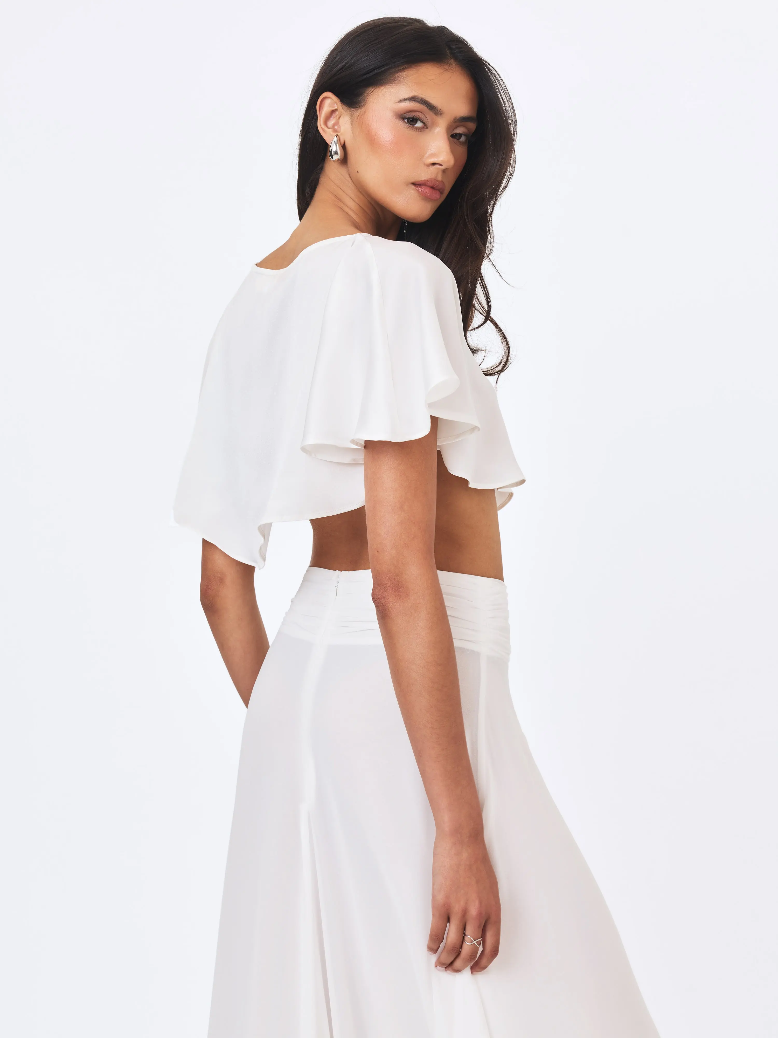 Yarae White Satin Boat Neck Cape Top