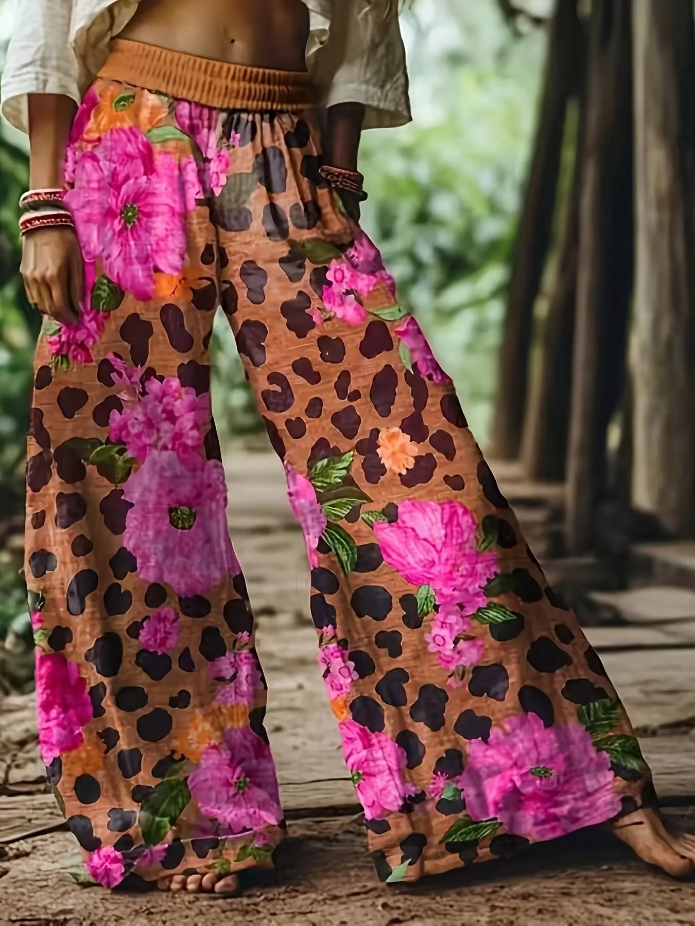 Women's Floral Print Casual Loose Boho Bohemian Wide Leg Elastic Long Pants, Breathable Woven Trousers, Comfortable Breathable Fabric, Ideal for Vacation, Home, Daily Wear, Suitable for Spring Summer Fall
