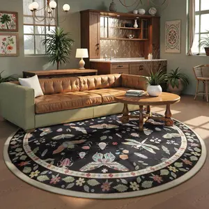 Bohemian Style Round Carpet Mat, Soft Plush Non-Slip Rug for Living Room Bedroom, Pet-Friendly Washable Foldable Boho Area Rug