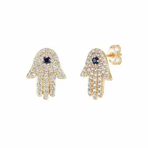 10K Yellow Gold Lab-Grown Sapphire-Set Hamsa Post Earrings