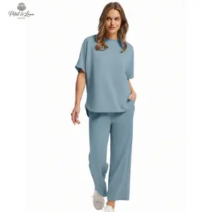 Petal Loom comfy & cute!women's short sleeve lounge set oversized top with wide leg pants| perfect for travel & errands,travel outfits for women,womens 2 piece outfits,casual outfits for women,casual outfits for women