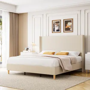 【Christmas Gift】King Size Corduroy Upholstered Platform Bed Frame with 51 inch Wingback Headboard Vertical Stripes Wooden Slats No Box Spring Needed Beige