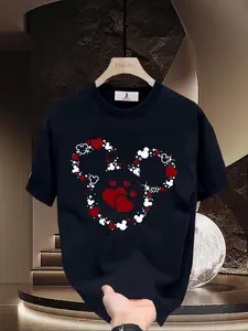 Women's black cotton 180g printed T-shirt, featuring heart and Mickey Mouse designs, casual round-neck short-sleeve T-shirt, stylish and comfortable, suitable for daily wear, an ideal gift choice. Women's T-shirt top, street style top, summer fit classic