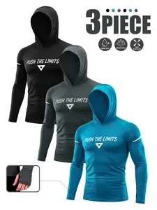 3pcs Men's Hooded Long Sleeve T-Shirt with Letter Print Thumbhole Design High Elasticity Quick-Dry Comfortable Fabric for Outdoor Sports Wear Valentine's Day Gift