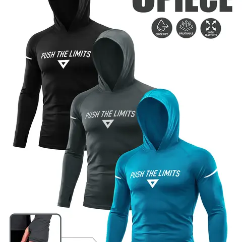 Men's 3 Piece Set Long-Sleeve Hooded Sports Hoodie Activewear Clothing, Elastane Quick-Dry Stretchy High-Elasticity Fabric, Graphic Print Thumbhole, Athletic Fitted Top for Outdoor Sports, Valentine's Day Gift