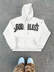 Men's God Bless Graphic Zip Up Hoodie, Christian Faith-Inspired Pullover, Vintage Distressed Print, Casual Oversized Jacket, Trendy Religious Fashion, Hot Trending Hoodies
