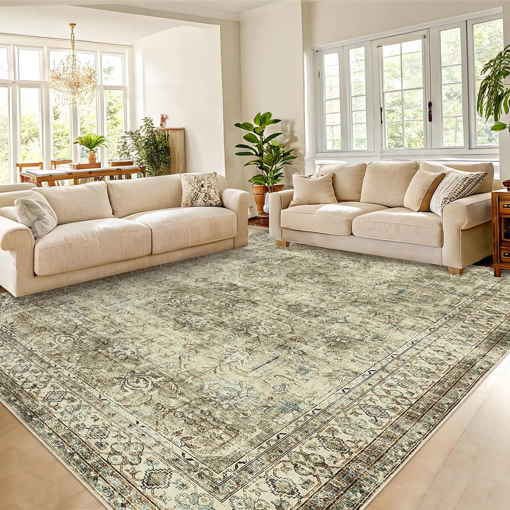 Area Rug 5x7 for Living Room - Mechine Washable Non-Slip Rugs for Bedroom - Low Pile Thin Large Floor Carpet for Dinning Room Home Office(Taupe)