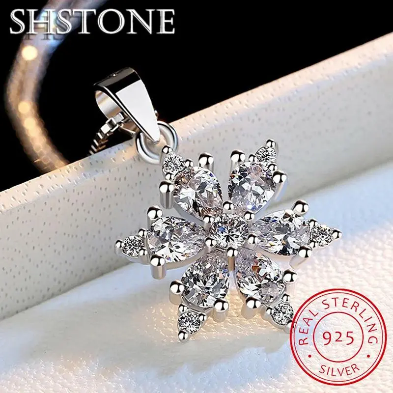 SHSTONE 925 Sterling Silver AAA Zircon Snowflake Pendant Necklace for Women Wedding Fine Jewelry