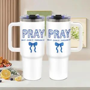 Faith Prayer Quote， 40oz tumbler with handle， Summer Ice Stainless Steel Vacuum Insulated Travel Mug， Blue Floral Bow design， Faith Lover Gift， for home and office， Birthday Gift， Water Bottle， Tumbler Gift for Women and Men