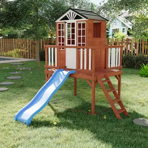Kids Outdoor 2‑Story Wooden Playhouse with Climbing Wall &Slide Elevated Cedar Wooden Playhouse for Backyard