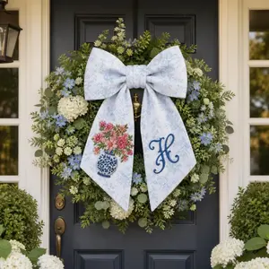 Personalized Embroidered Hydrangea Door Wreath, Monogram Wedding Sash, Floral Chinoiserie Embroidered Bow, Door Decor, Housewarming Gift