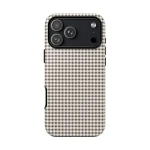 Gingham Plaid Phone Case – Classic Beige Checkered Minimal Aesthetic Design – Neutral Girly Gift – Protective Tough Case & MagSafe Compatible for Phone X, 11, 12, 13, 14, 15, 16, 17 & Galaxy S21, S22, S23, S24, S25 Ultra