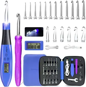 18 Size Light Up Crochet Hook Set with Digital Counter, Ergonomic Crochet Hooks for Arthritic Hands, 2.0–14.0mm Interchangeable Crochet Hooks with Case, Rechargeable and Beginner-Friendly