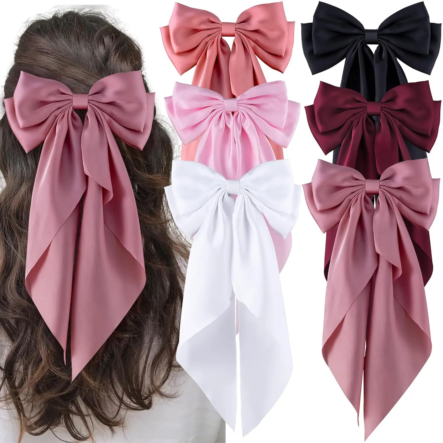 Women's 6PCS Satin Bow Hair Clips - Colorful Accessories with Large Bows, Long Tails, Bowknot Embellishments, Ribbon Barrettes in Black, Pink, Red & White for Daily, Beach, Parties Use All Seasons