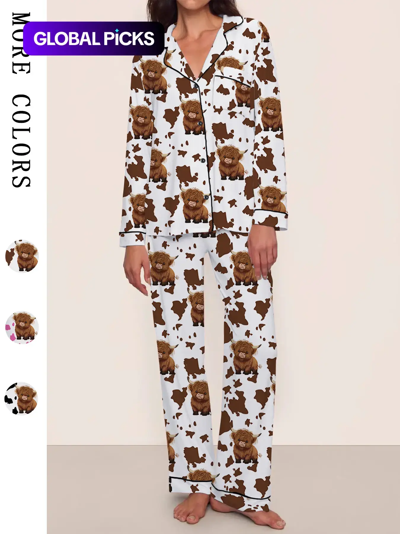 [Highland Cattle] Women's Cartoon Cow Animal Print Pajama Set, Long Sleeve Top & Elastic Waistband Pants, Comfortable Loungewear Sets for Fall Winter Wear