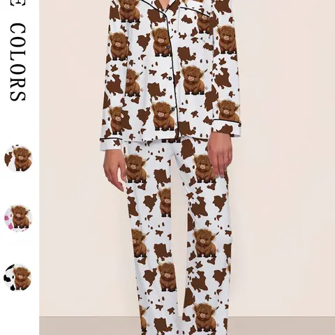 [Highland Cattle] Women's Cartoon Cow Animal Print Pajama Set, Long Sleeve Top & Elastic Waistband Pants, Comfortable Loungewear Sets for Fall Winter Wear