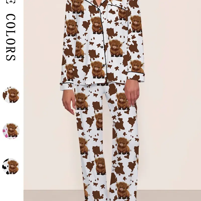 [Highland Cattle] Women's Cartoon Cow Animal Print Pajama Set, Long Sleeve Top & Elastic Waistband Pants, Comfortable Loungewear Sets for Fall Winter Wear