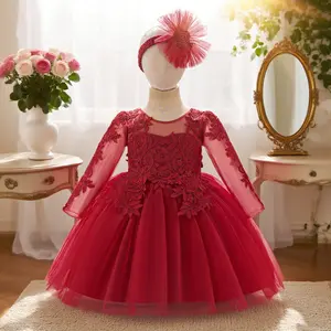 02 Newborn Baby Girls Cute Daisy Floral Long Sleeves Tulle Holiday Party Pink Princess Dress Little Girl Princess Dress