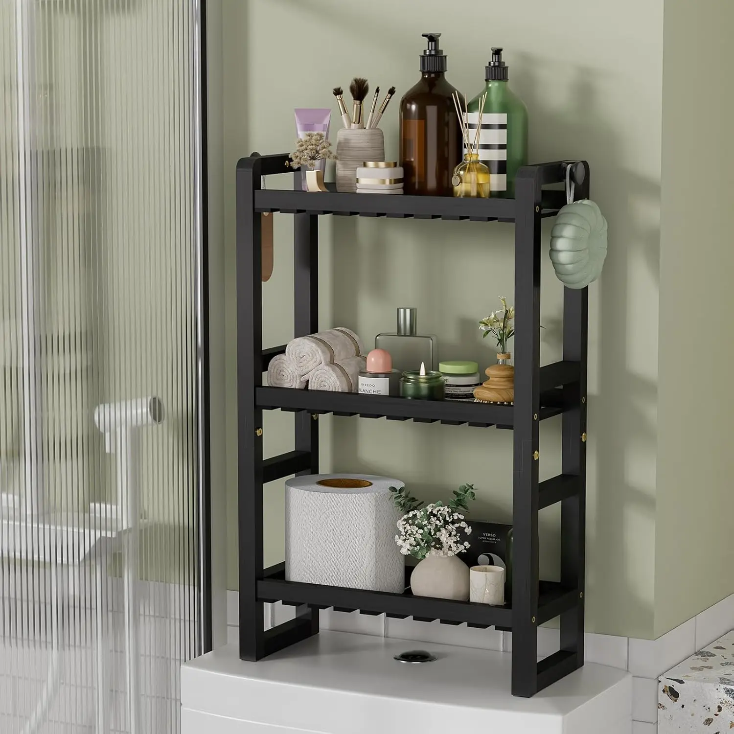 Bamboo Over The Toilet Storage Shelf - 3-Tier Bathroom Organizers and Storage Shelves, 2 in 1 Dual Stable Above Over Toilet Bamboo Shelf Home Storages Rack for Small Bathroom, Black