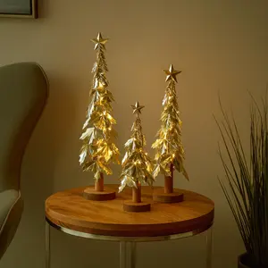Set of 3 Tree Gold Metal Holiday Layered Decorative Christmas Sculpture with Wooden Base and Star Topper