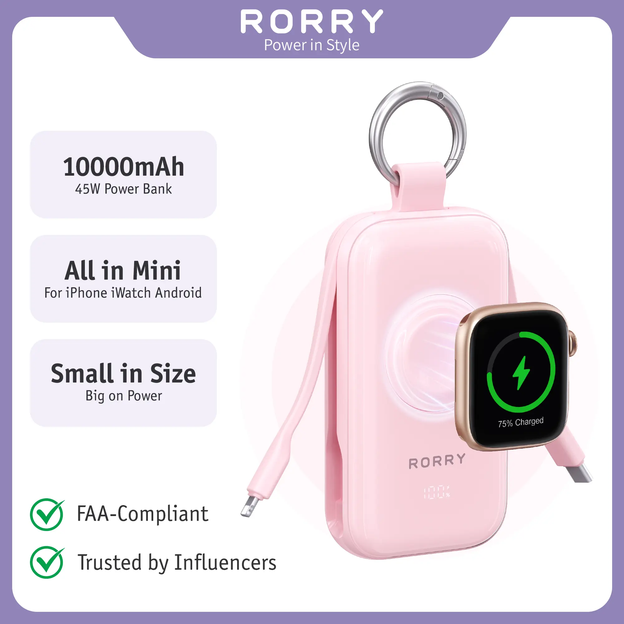 RORRY CharmGo Portable Charger 45W Fast Charging 10000mAh Keychain Power Bank with Built-in Cables Battery Pack for iPhone 17/16/15/14/13/12/11 Pro/Max and Apple Watch Ultra/11/10/9/SE iPad summerwins