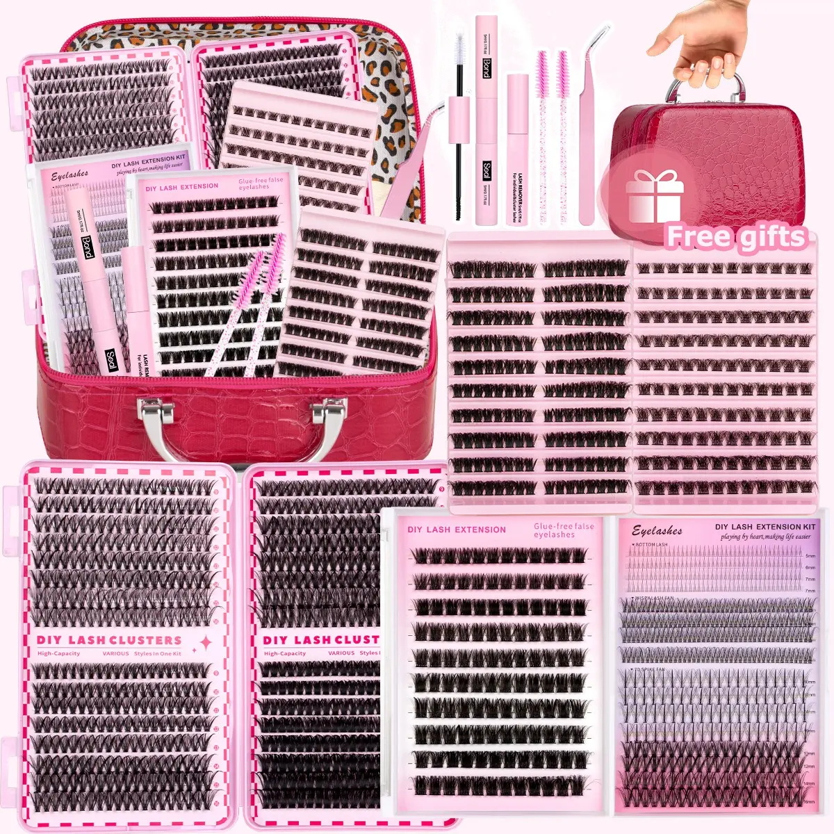 5 Styles Lash Cluster Extensions Gift Set, Diy Lash Gift Box, 30D 40D 60D 80D Full Set With Bond & Seal & Remove & Tweezers & Brush, DIY Lash Clusters, Volume Focused Lashes, Soft & Lightweight, Long Lasting 72h+, Easy DIY Salon Look at Home