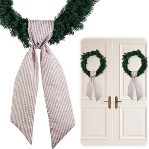 Brown Gingham Wreath Bow Set 2 Pack for Door Decoration, 5.12" Wide x 54.33" Each Thanksgiving Gift Bundle Neutral Farmhouse Ribbon Sash Pair